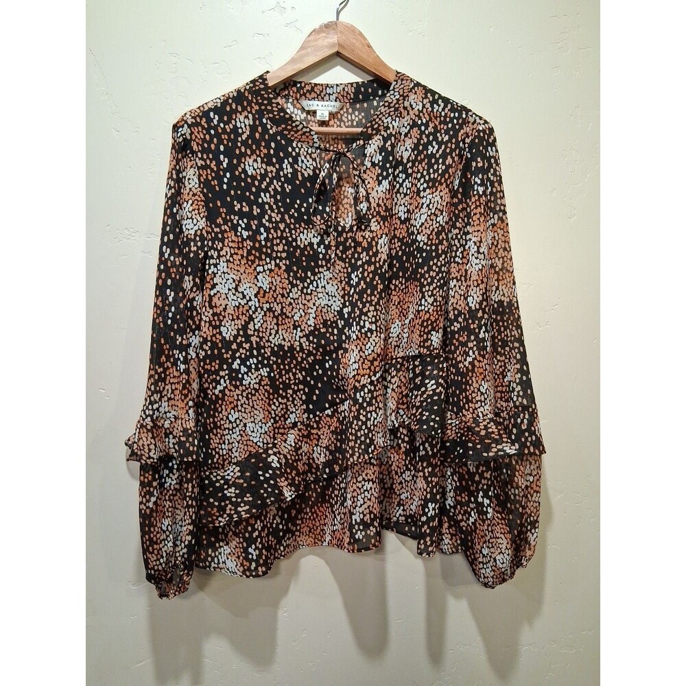 Zac & Rachel Women's Sz XL Black Orange Cream Semi Sheer Ruffles Balloon Sleeve